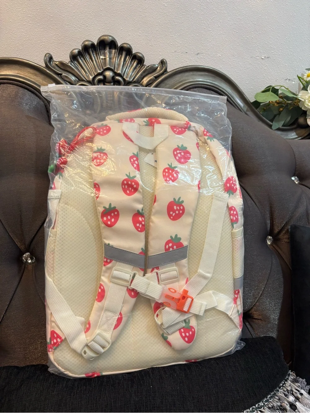 Strawberry Print Backpack — Cream with Red Accents